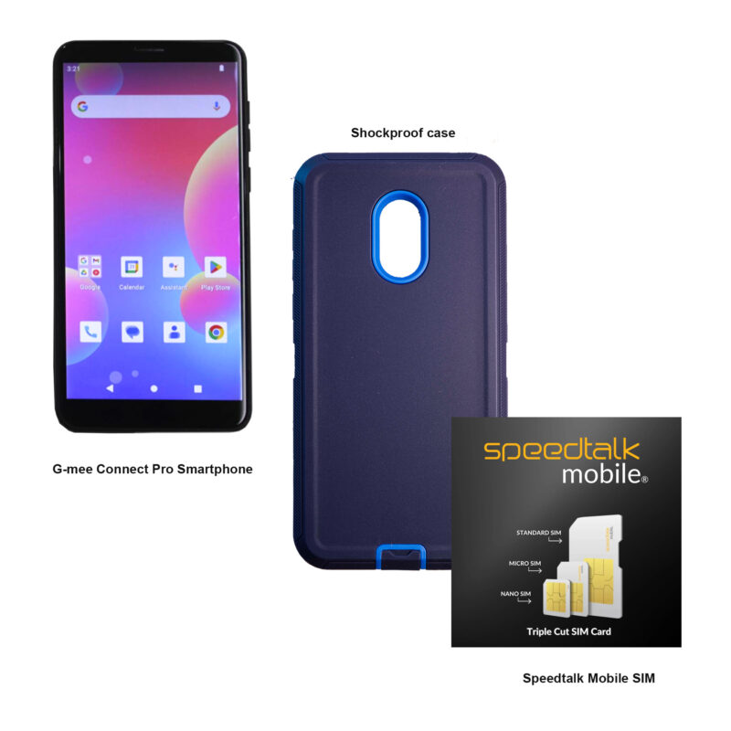 G-Mee Value Bundle | Connect Pro Smartphone + Dark Blue Rugged Case+Speedtalk Mobile SIM | Safer Smartphone | 4GB RAM, 64GB Storage, 5.72" Android Phone | No Cameras, Parental Controls