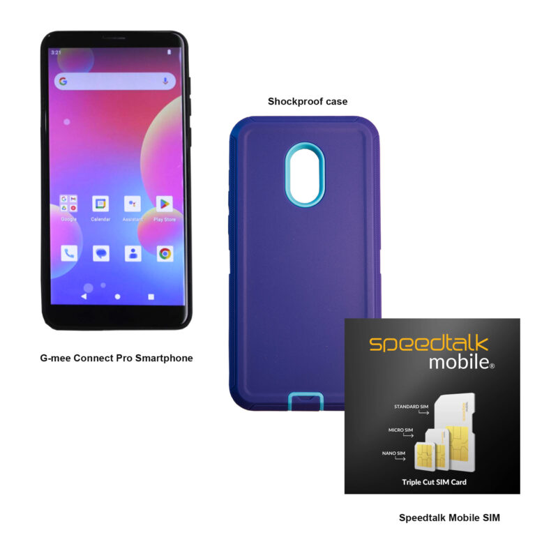 G-Mee Value Bundle | Connect Pro Smartphone + Light Purple Rugged Case+Speedtalk Mobile SIM | Safer Smartphone | 4GB RAM, 64GB Storage, 5.72" Android Phone | No Cameras, Parental Controls